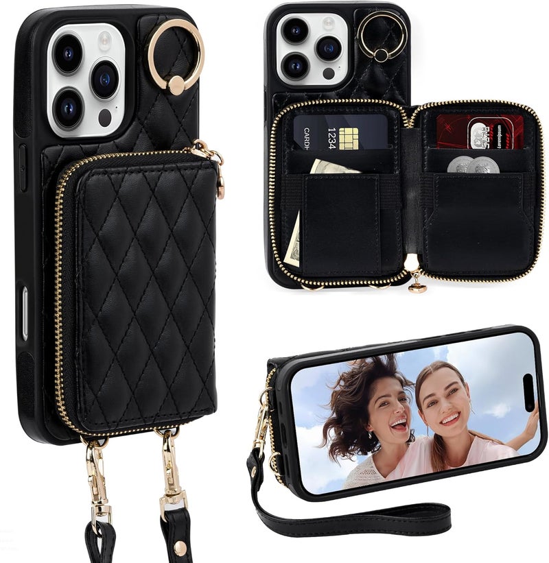 Keallce Case for iPhone 16 Pro Max 6.9'' Wallet Case, Crossbody Zipper Purse with Wristlet for Women, RFID Blocking Card Holders, 360° Ring Kickstand Flip Leather Cover for iPhone 16 Pro Max, Black - Image 1